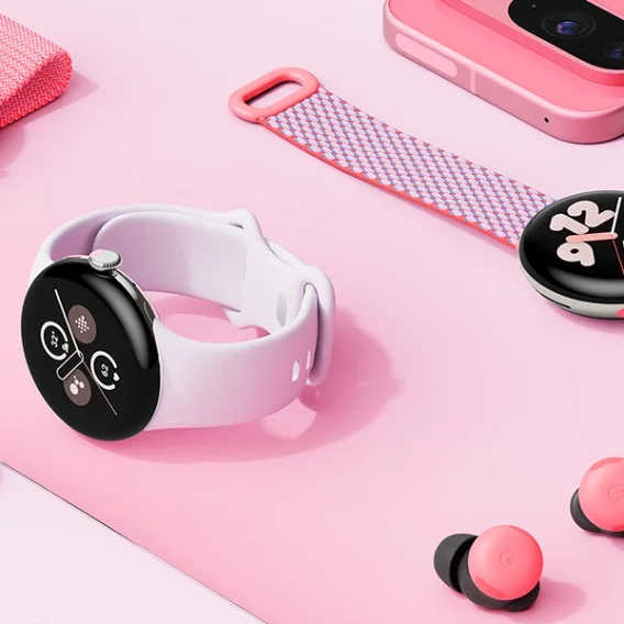 Various Pixel devices in Peony against a pink backdrop.