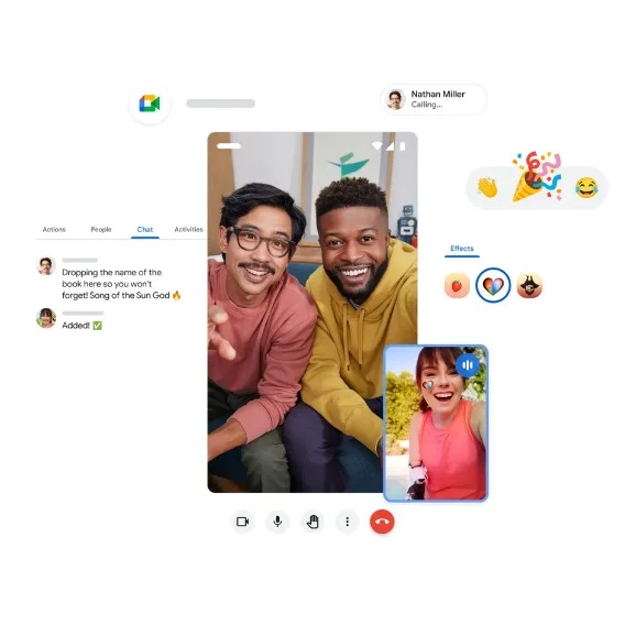 Two images boxes featuring people looking into the camera and various Google Meet icons suggesting the two images are the people in conversation.