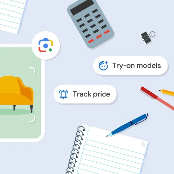 Illustration of a notebook and pencils next to a Google Shopping icon attached to an image of a yellow chair. Search-bar shaped icons read track price and try on models.