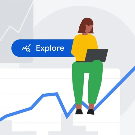 Illustration of a person using a laptop with an abstract graph illustration in the background.