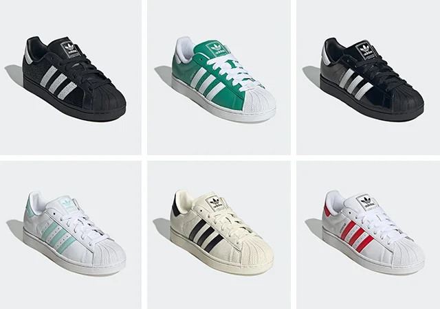 6 different Superstar sneakers arranged in a 2x3 block