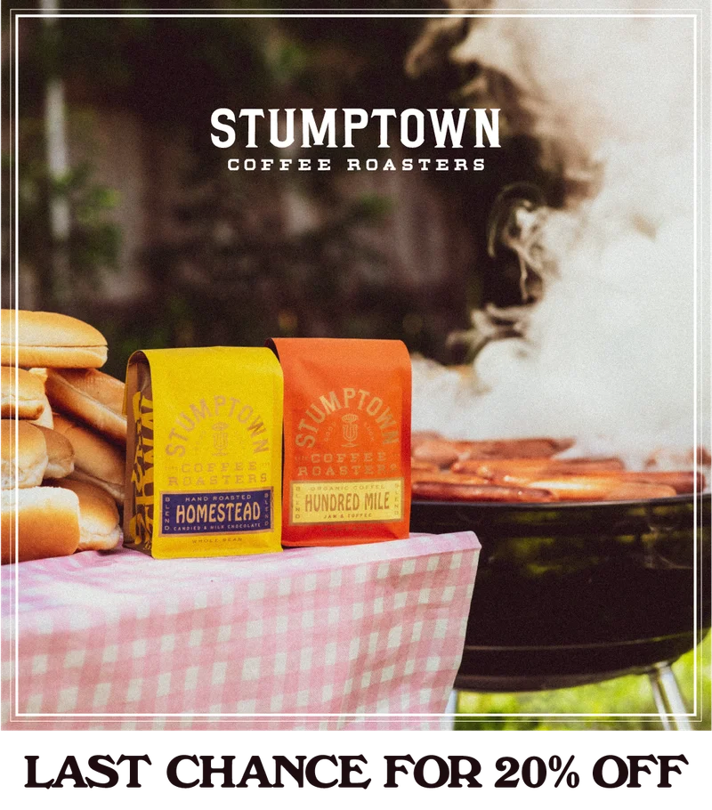 Two bright Stumptown Coffee bags—Homestead and Hundred Mile—sit on a pink gingham-covered picnic table beside hot dog buns and a steaming grill, with the Stumptown Coffee Roasters logo above. Headline reads: LAST CHANCE FOR 20% OFF