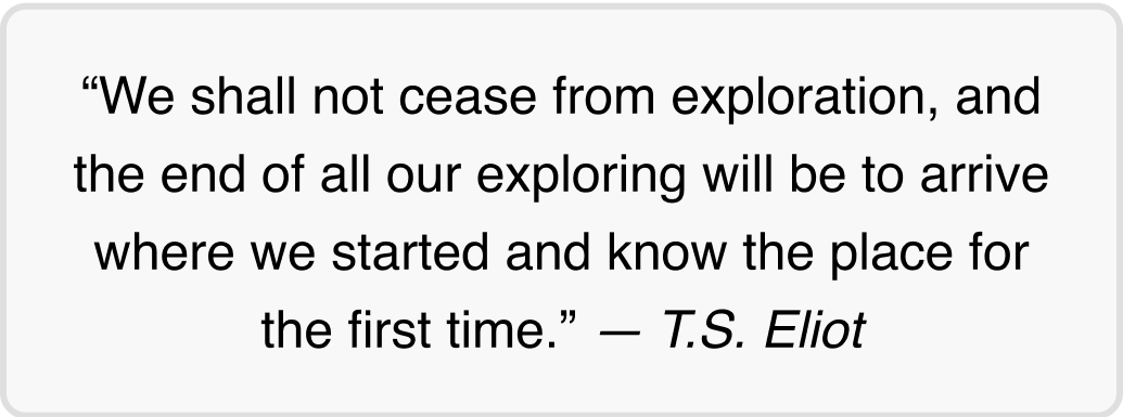“We shall not cease from exploration, and the end of all our exploring will be to arrive where we started and know the place for the first time.” — T.S. Eliot