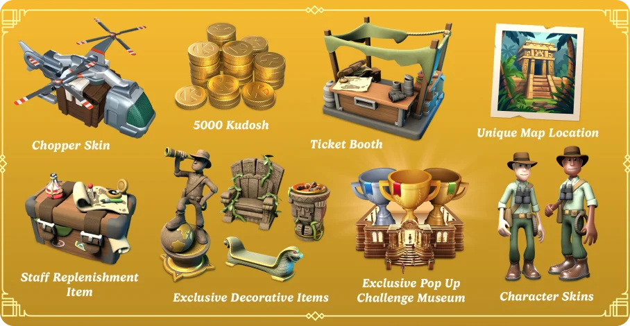 Chopper Skin | 5000 Kudosh | Ticket Booth | Unique Map Location | Staff Replenishment Item | Exclusive Decorative Items | Exclusive Pop Up Challenge Museum | Character Skins