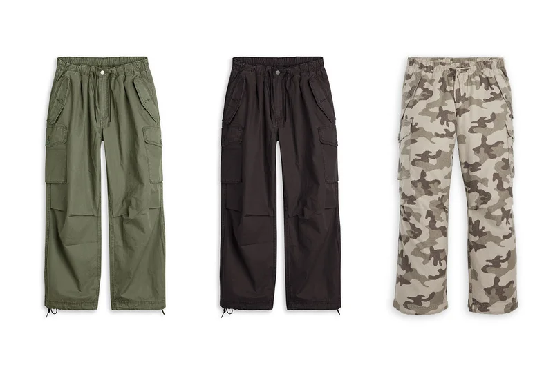 A grid of green, black, and camo baggy field cargo pants