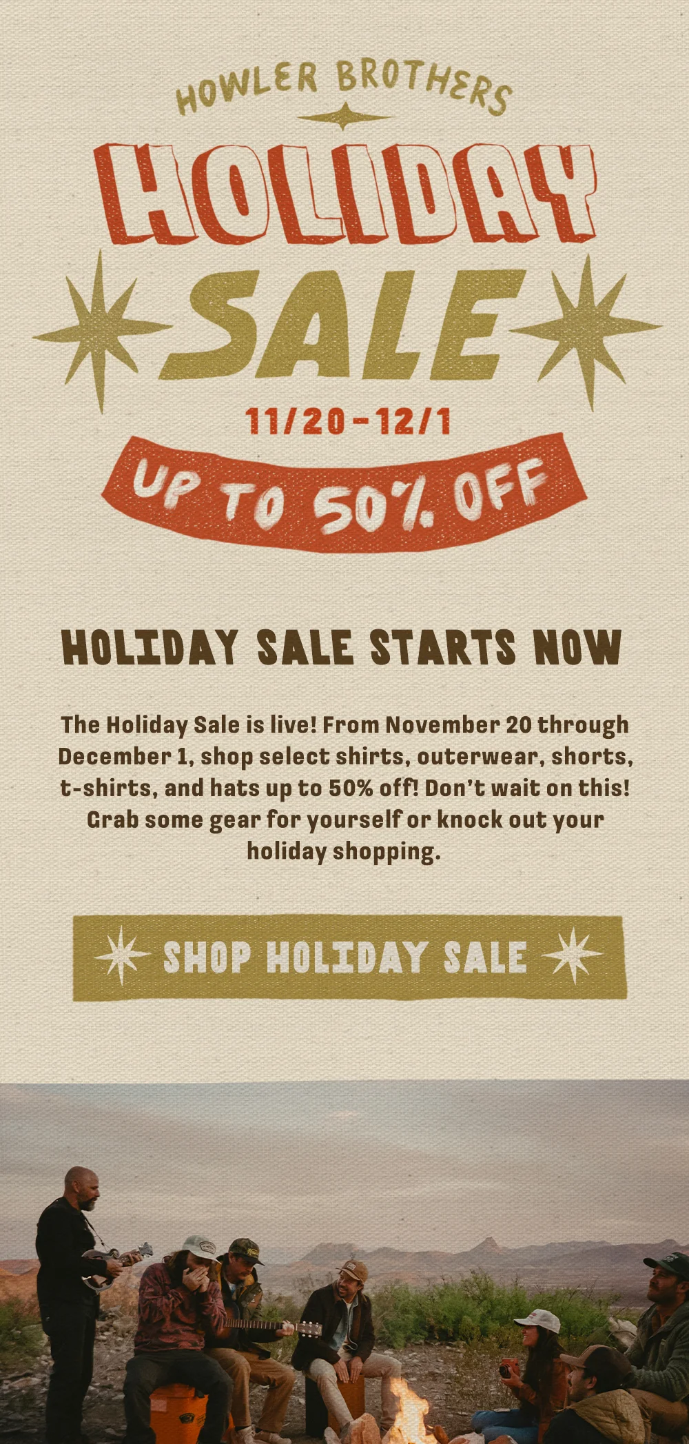 The Holiday Sale is live! From November 20 through December 1, shop select shirts, outerwear, shorts, t-shirts, and hats up to 50% off! Don’t wait on this! The stuff on sale always go fast. Grab some gear for yourself or knock out your holiday shopping.