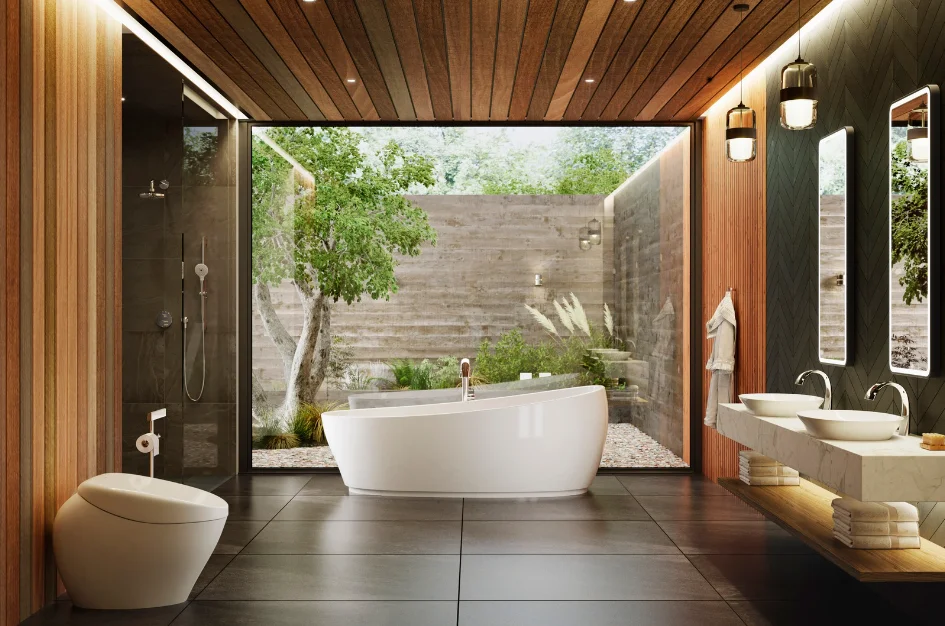 A large sunny bathroom with a floor to ceiling window featuring NEOREST by TOTO products