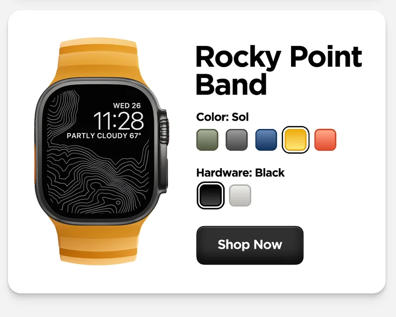 We engineered Rocky Point Band from the ground up to complement your Apple Watch and boost its functionality on adventures near and far. From its ultra-tough, compression-molded FKM to its titanium hardware, every detail was carefully weighed to maximize performance and take you to new heights.