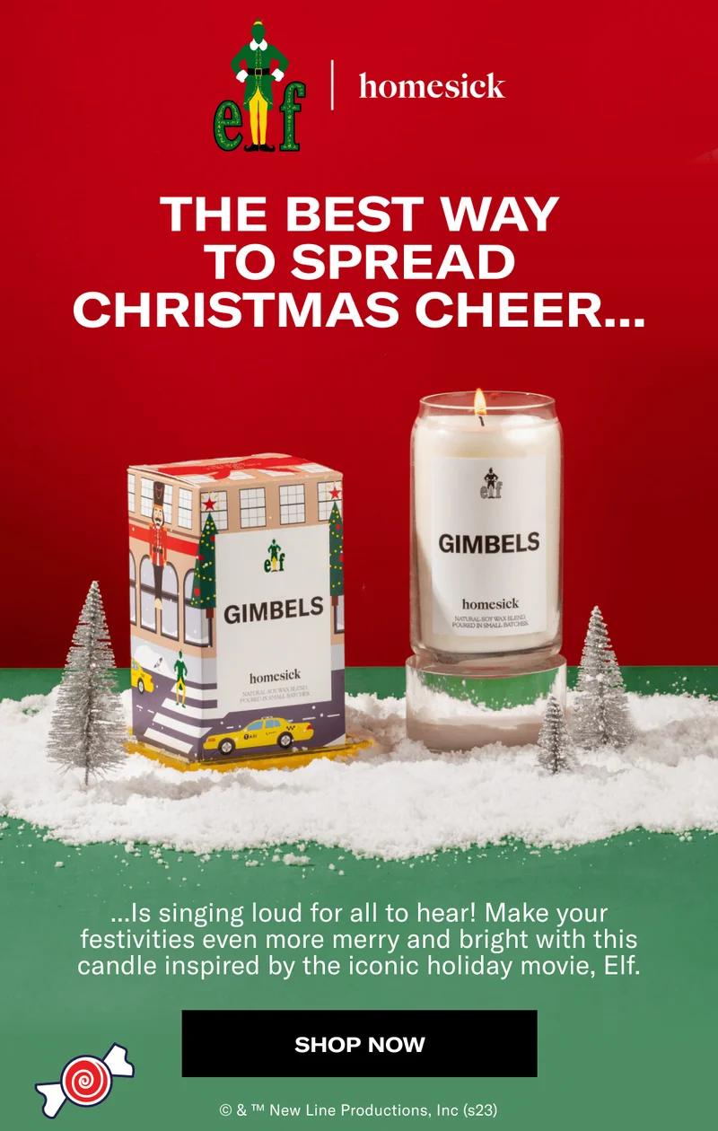 elf | homesick | THE BEST WAY TO SPREAD CHRISTMAS CHEER... | ...Is singing loud for all to hear! Make your festivities even more merry and bright with this candle inspired by the iconic holiday movie, Elf. | SHOP NOW