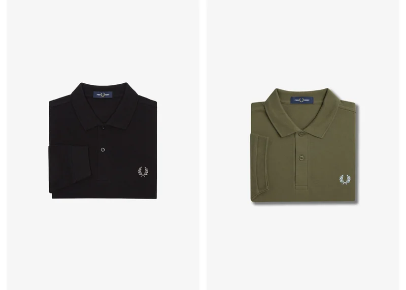 2 folded fred perry shirts, one black and one khaki