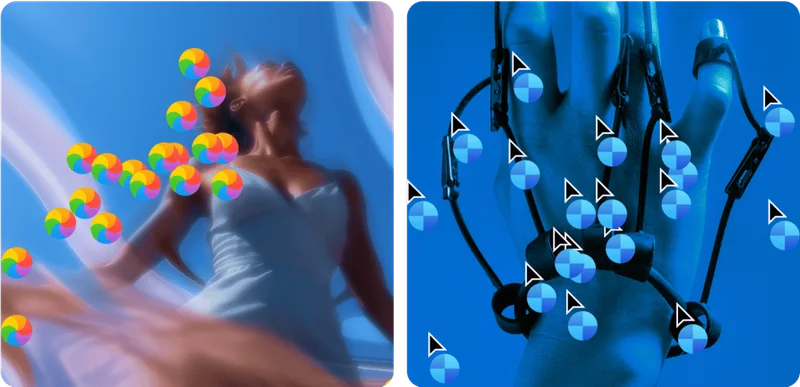 Diptych of leaping woman with spinning wheel icons and tech hand