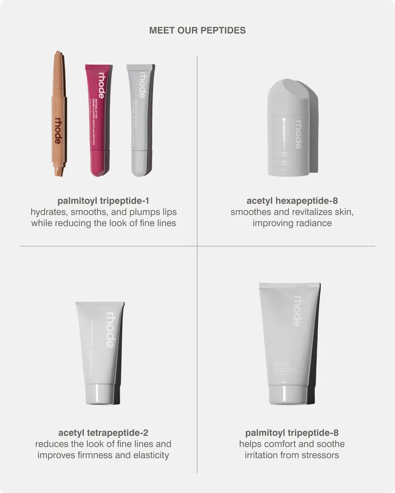 meet our peptides: peptide lip shape, peptide lip tint, peptide lip treat, peptide glazing fluid, barrier restore cream, barrier butter