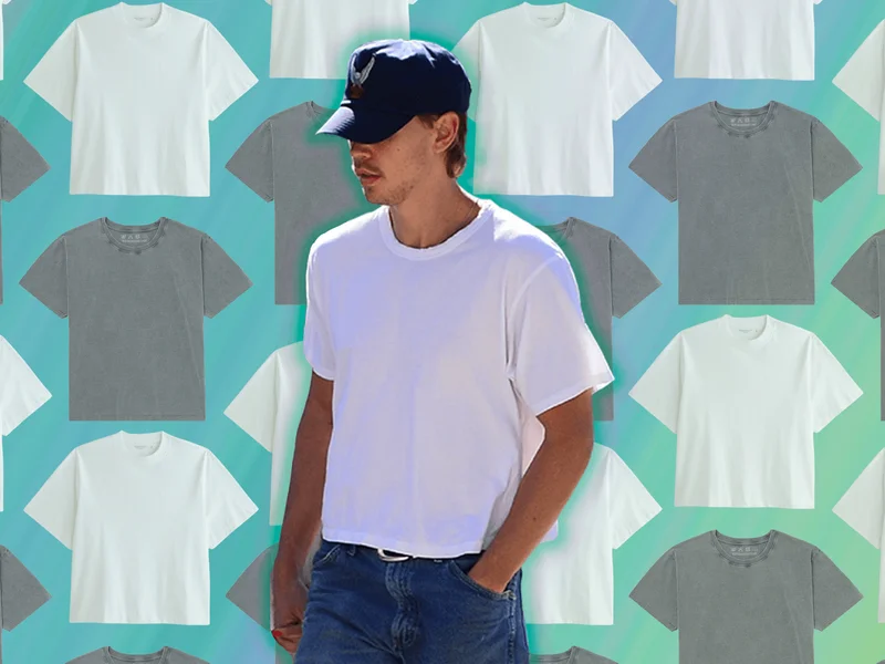 Image may contain: Baseball Cap, Cap, Clothing, Hat, Pants, T-Shirt, Footwear, Shoe, Adult, Person, Sneaker, and Accessories