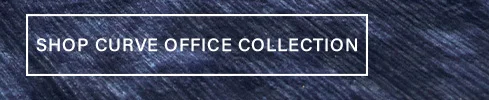 Dark blue textured background with a white outlined button displaying "SHOP CURVE OFFICE COLLECTION". Explore new plus-size office wear now.