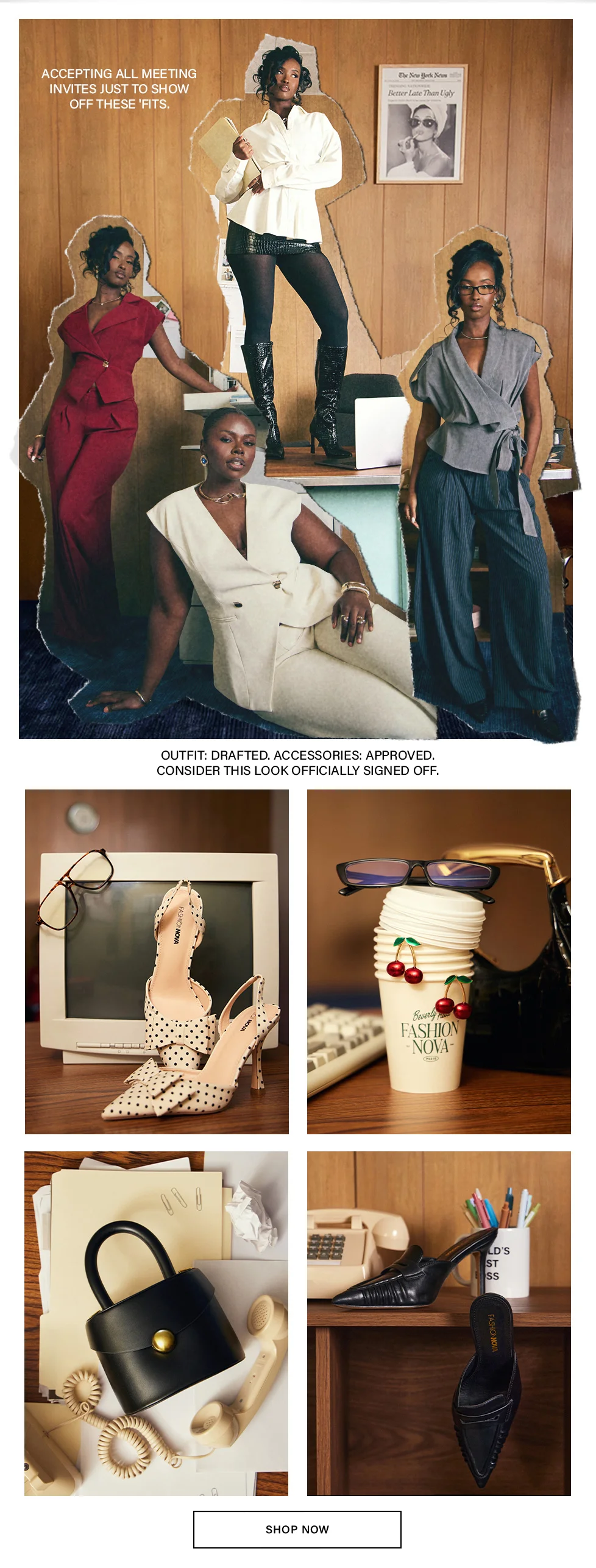 Five models showcase trendy professional workwear in a stylized office setting: red suit, white shirt, grey wrap, cream set. Elevate your office fashion.