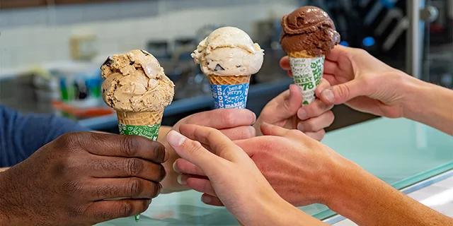 Three ice cream cones on Free Cone Day
