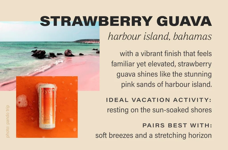 STRAWBERRY GUAVA harbour island, bahamas with a vibrant finish that feels familiar yet elevated, strawberry guava shines like the stunning pink sands of harbour island. IDEAL VACATION ACTIVITY:  resting on the sun-soaked shores PAIRS BEST WITH: soft breezes and a stretching horizon