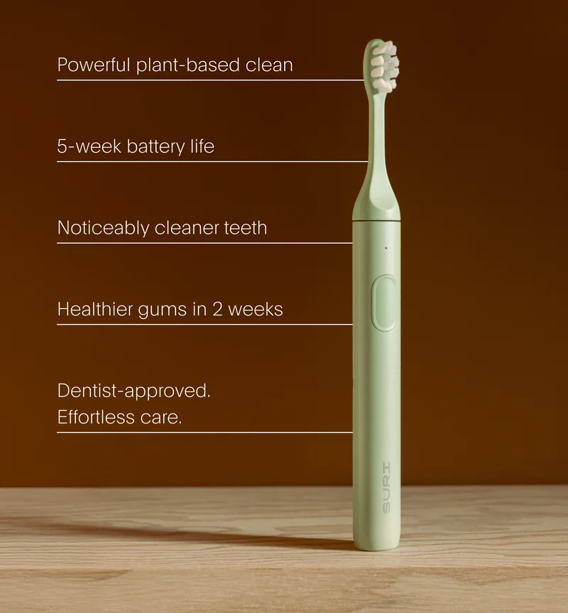 powerful plant-based clean /// 5-week battery life /// noticeably cleaner teeth /// healthier gums in weeks /// dentist-approved. effortless care.