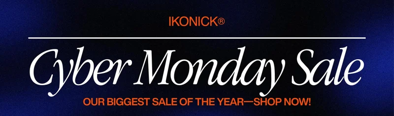 Cyber Monday Sale header with IKONICK branding and the line ‘Our Biggest Sale of the Year—Shop Now!’ on a deep blue textured background.