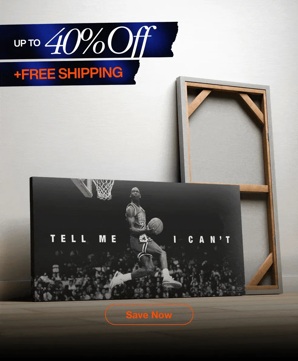 Rotating showcase of IKONICK canvases featuring different designs—including ‘Tell Me I Can’t,’ ‘Yesterday’s Hits Won’t Win Today’s Games,’ ‘Man In The Arena,’ ‘Success,’ the cassette-themed ‘Life Has No Rewind,’ and a Rocky Balboa quote canvas—each displayed against a wall with a backside canvas frame, highlighted by a Cyber Monday banner showing up to 40% off and free shipping, with a Save Now button.