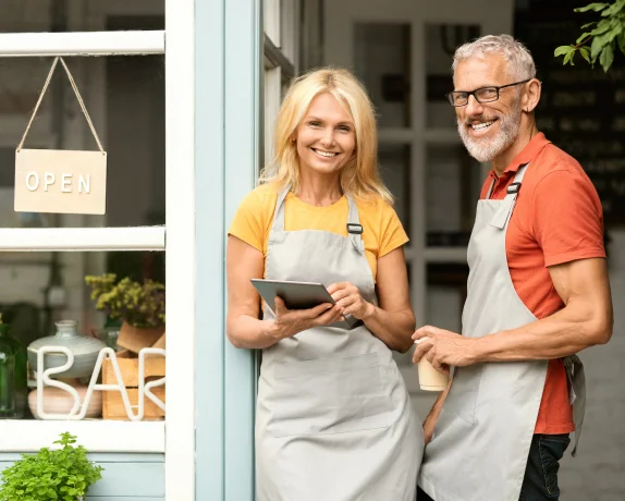 A couple of restaurant owners standing outside of their shop