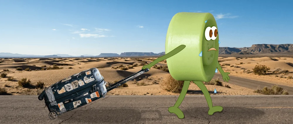 Cartoon of a sweaty body wash bar hitchhiking through the desert.  It's slowly making its way home to you.