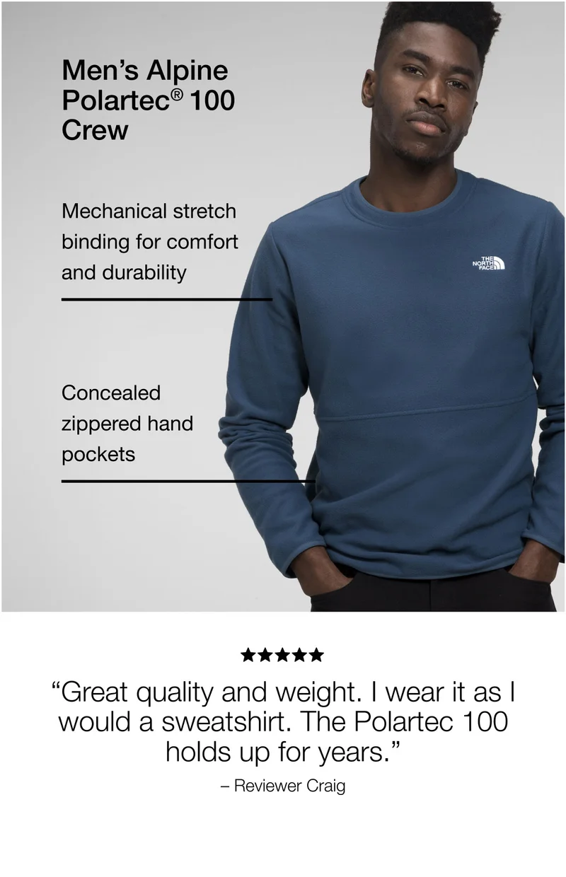 Men's Alpine Polartec® 100 Crew. Mechanical stretch binding for comfort and durability. Concealed zippered hand pockets.