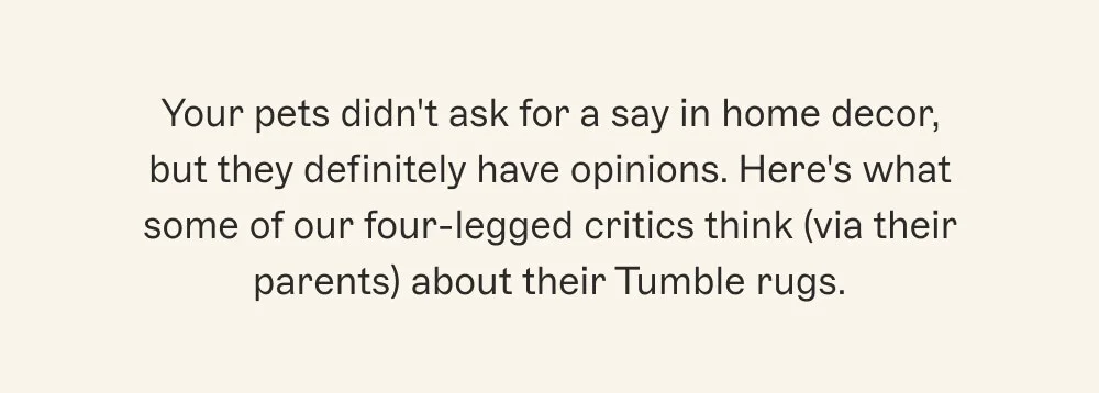Your pets didn't ask for a say in home decor, but they definitely have opinions. Here's what some of our four-legged critics think (via their parents) about their Tumble rugs.