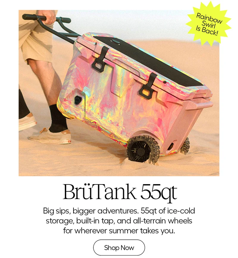 BrüTank 55qt. Big sips, bigger adventures. 55qtof ice-cold storage, built-on tap, and all-terrain wheels for wherever summer takes you. - Shop Now