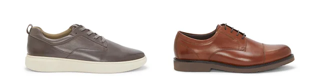 The men’s Abe wide-width sneaker in Grey and the Iggy Oxford in Cognac.