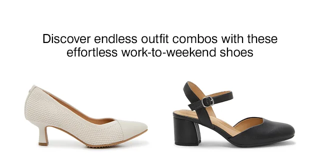 The women’s Gilly pump in Stone and the Melle block-heel pump in Black.