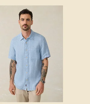 Short-Sleeve Palma Linen Shirt - Blue Basketweave