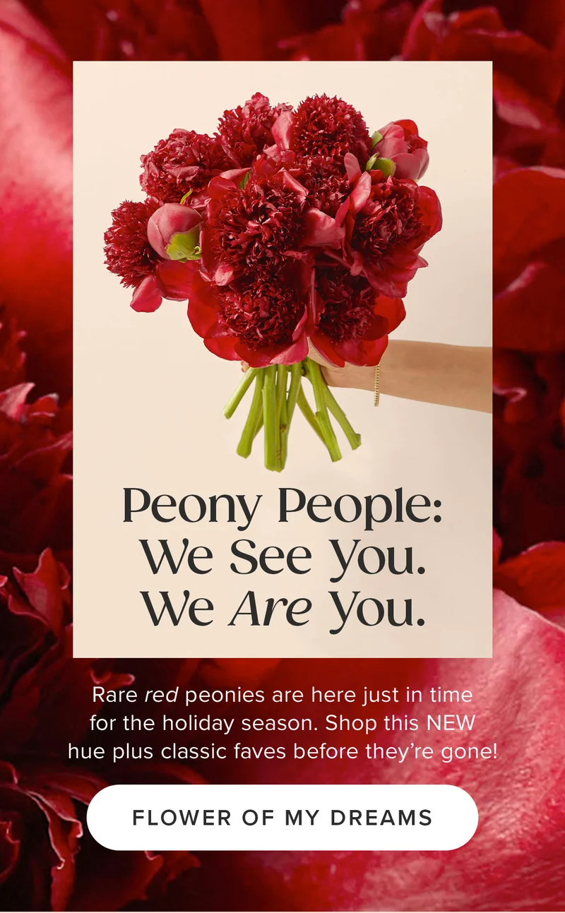 Peony People: We See You. We Are You. Rare red peonies are here just in time for the holiday season. Shop this new hue plus classic faves before they’re gone! FLOWER OF MY DREAMS