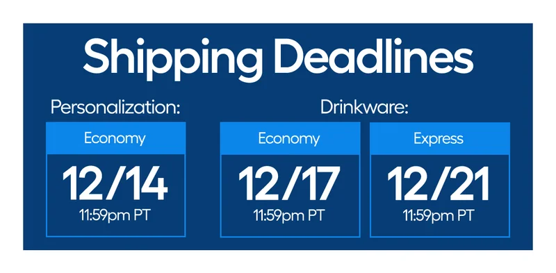 Shipping Deadlines. Personalization Economy: 12/14, Drinkware Economy: 12/17, Drinkware Express 12/21