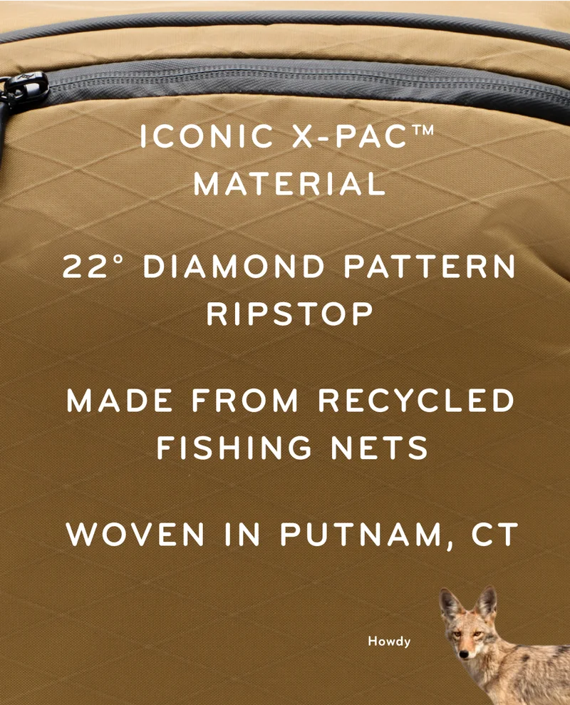 x-Pac features including diamond pattern, made from recycled fishing nets, woven in Putnam, CT