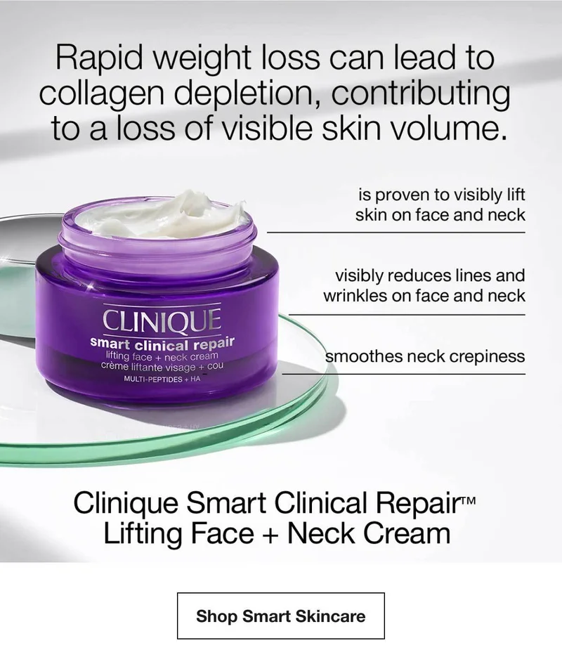 Rapid weight loss can lead to collagen depletion, contributing to a loss of visible skin volume. | is proven to visibly lift skin on face and neck | visibly reduces lines and wrinkles on face and neck | smoothes neck crepiness | Clinique Smart Clinical Repair™ Lifting Face + Neck Cream | Shop Smart Skincare