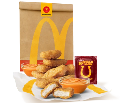 McDelivery bag with Chicken McNuggets and the new Buffalo Ranch Sauce.