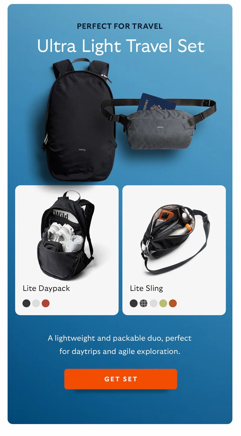 Ultra Light Travel Set. A lightweight and packable duo, perfect for daytrips and agile exploration.
