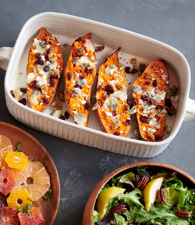 roasted sweet potatoes with blue cheese
