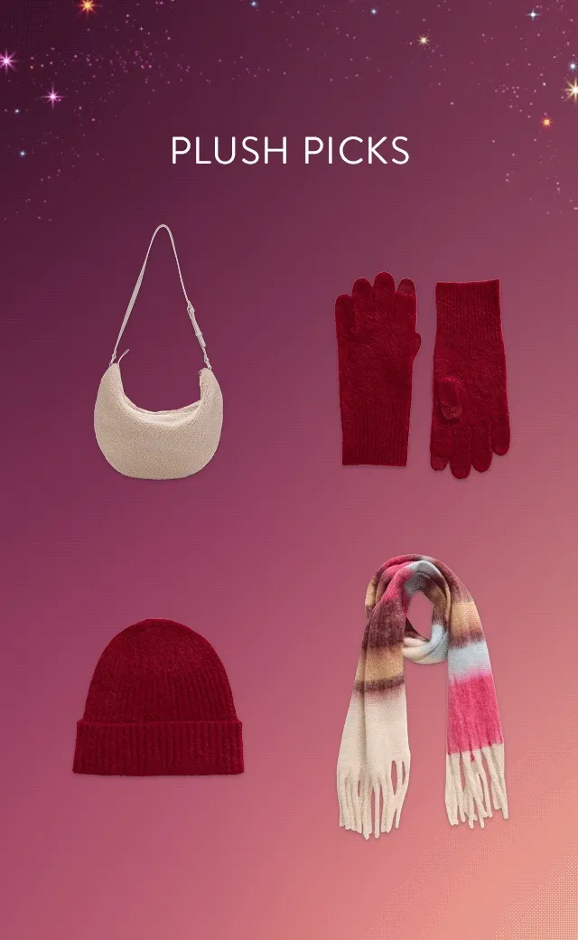 Cozy gloves, beanie, scarf and handbag.