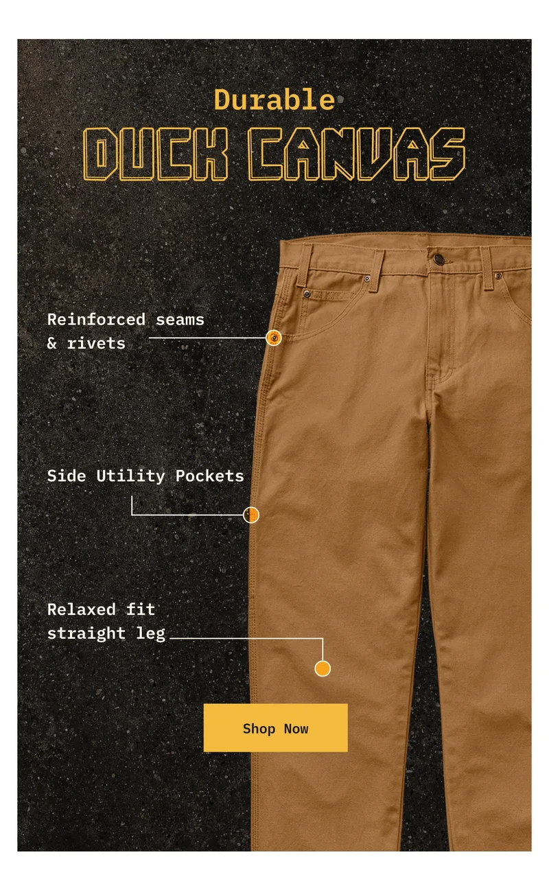 Durable Duck Canvas. Reinforced seams & rivets. Side Utility Pockets. Relaxed fit straight leg. Shop Now.