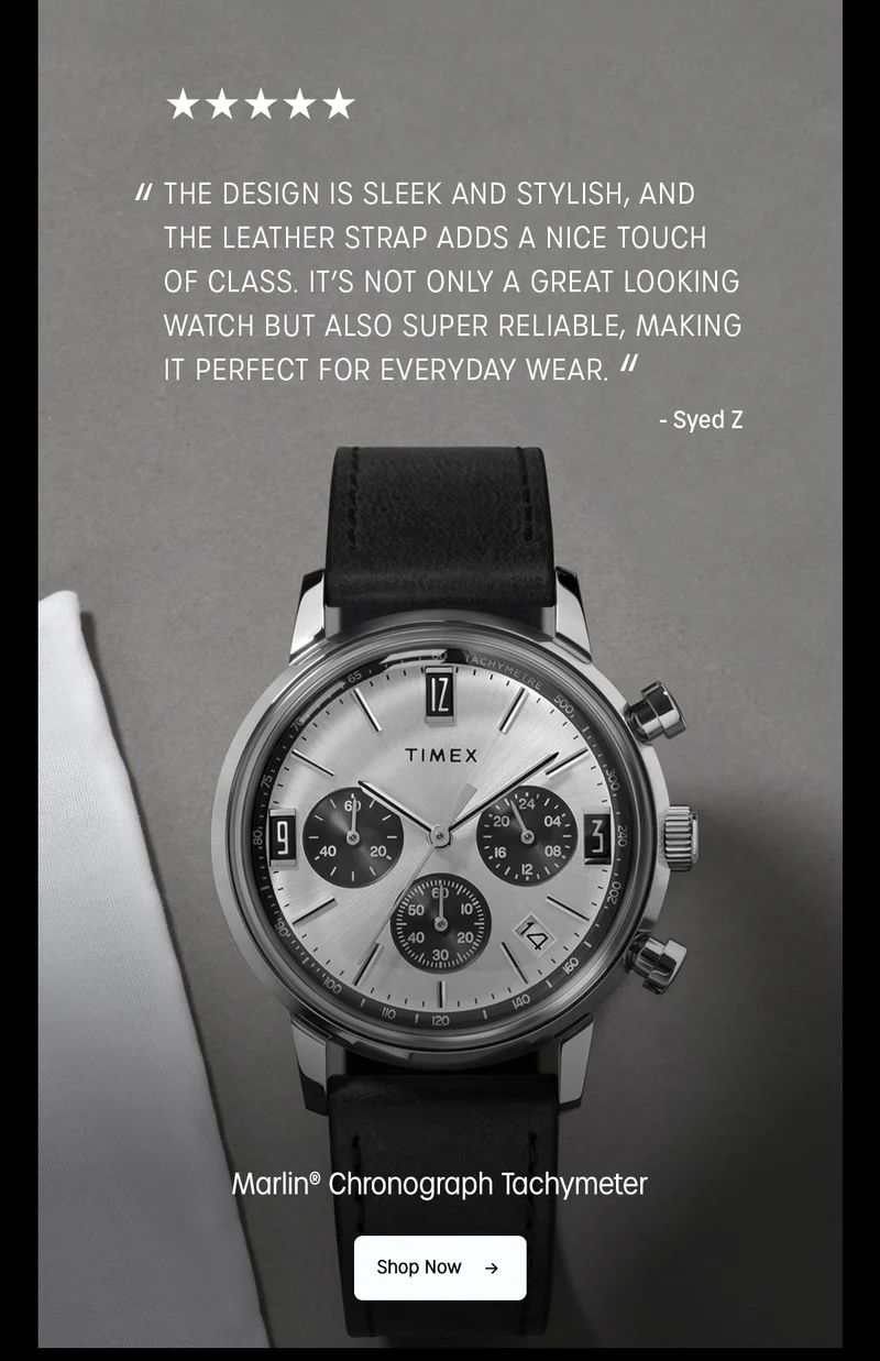 "THE DESIGN IS SLEEK AND STYLISH, AND THE LEATHER STRAP ADDS A NICE TOUCH OF CLASS. ITS NOT ONLY A GREAT LOOKING WATCH BUT ALSO SUPER RELIABLE, MAKING IT PERFECT FOR EVERYDAY WEAR." - Syed Z | Marlin Chronograph Tachymetter | Shop Now