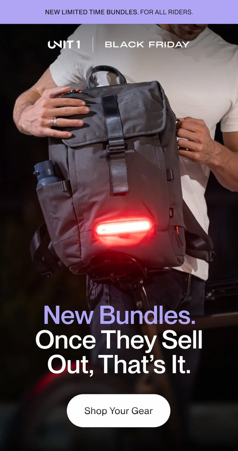 Smart backpack with integrated rear light shown during a night ride.
