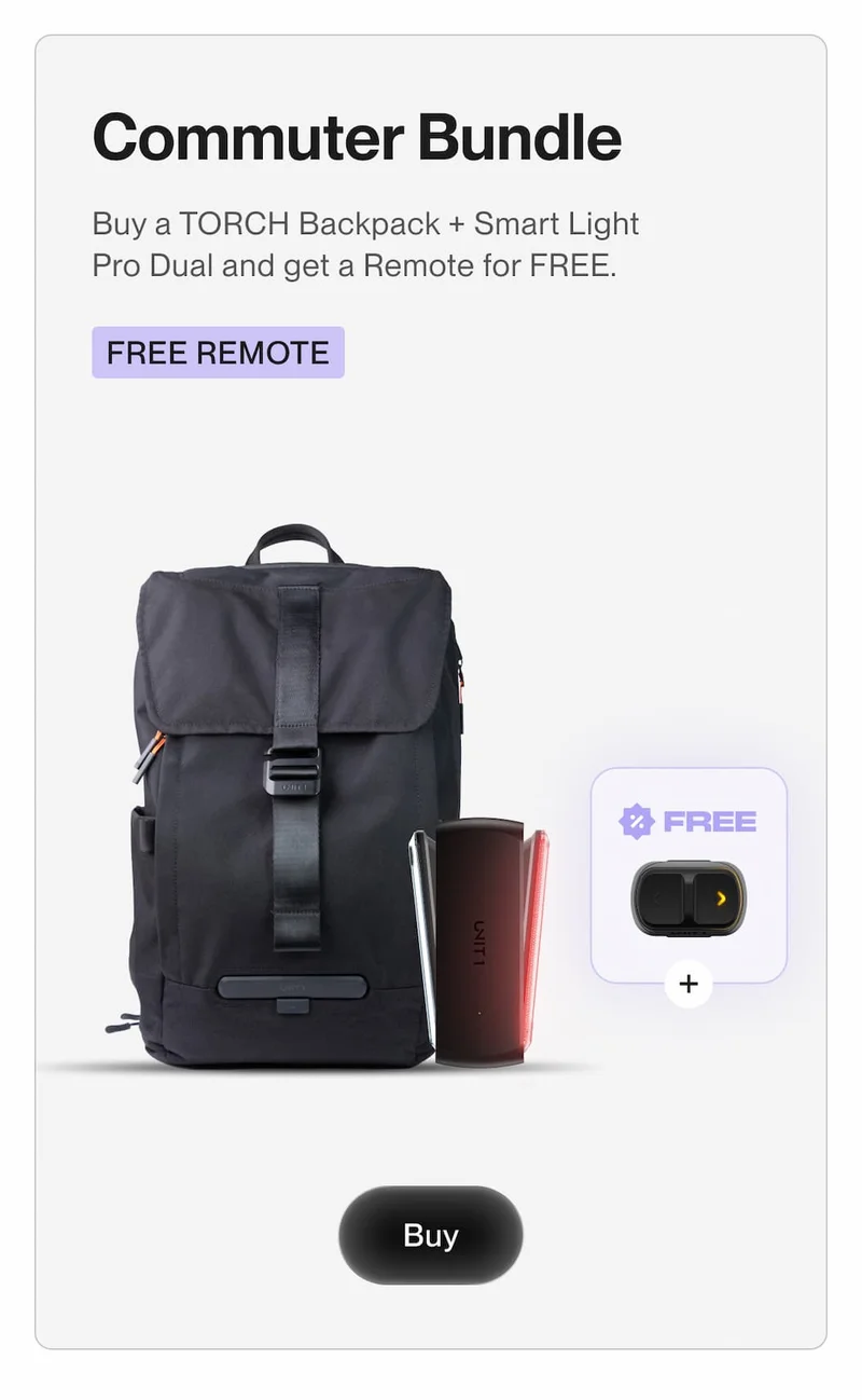 TORCH backpack with Smart Light Pro Dual and a free handlebar remote.