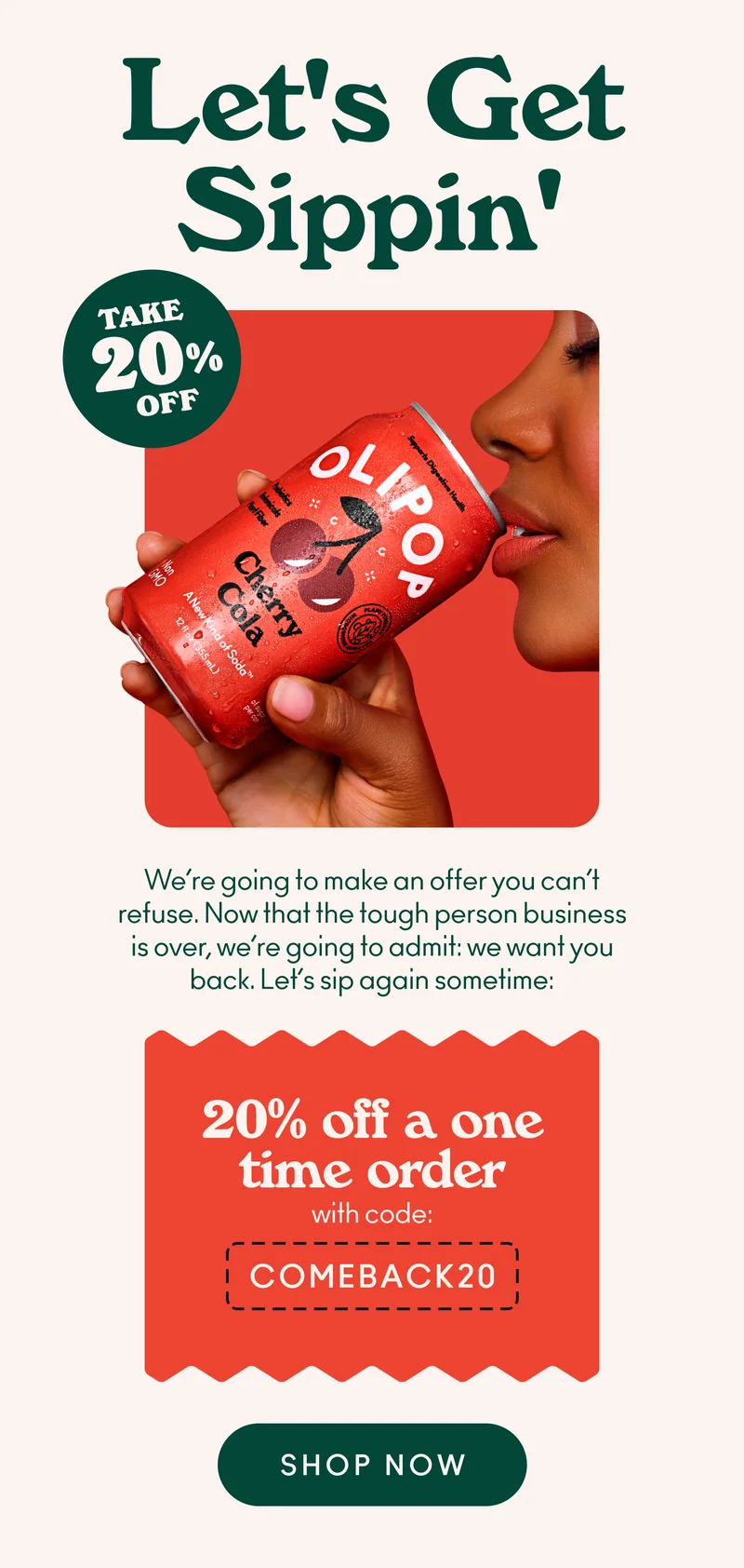 We're going to make you an offer you can't refuse....hopefully. Now that we've got that tough guy business over with, we're going to admit, it's been a while since you've sipped with us, and we'd like to do it again sometime. So, to make it worthwhile, we're giving you 20% off a one-time order with code COMEBACK20!