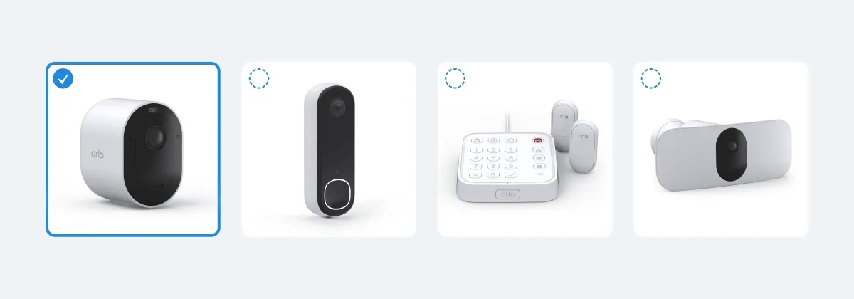 Various Arlo home security products being selected, simulating a person's experience of building their own bundle.