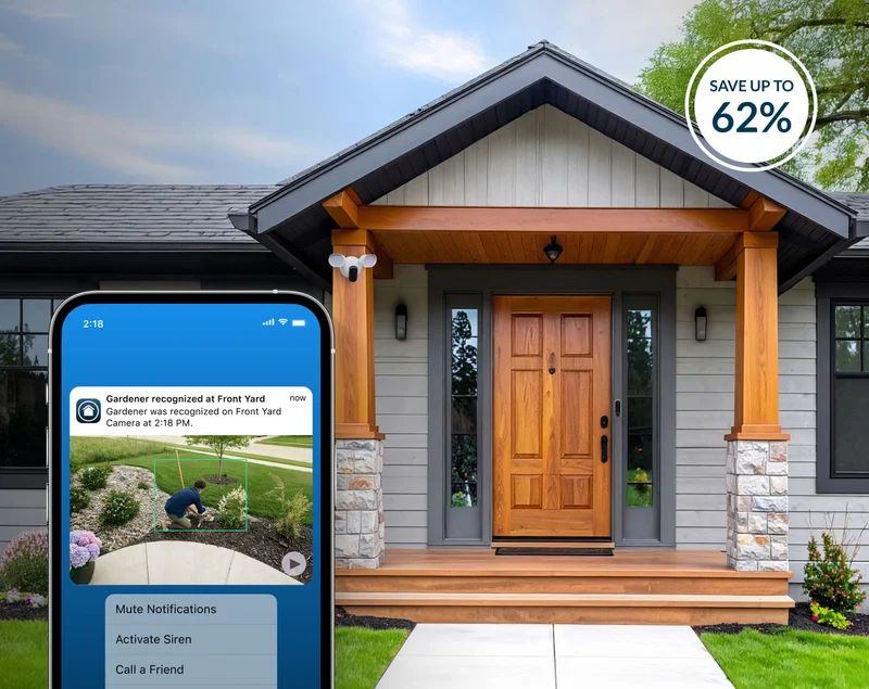 Arlo Video Doorbell and Wired Floodlight Camera mounted on the exterior of a home. Simulated Arlo Secure screen image shows a notification with animated preview and event descriptions of a gardner in the front yard. Save up to 62%.