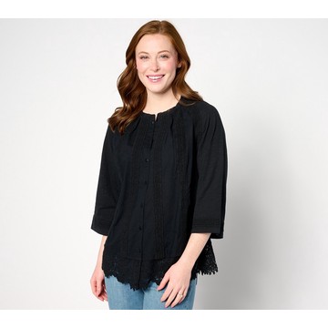 LOGO Lavish by Lori Goldstein Woven Button Front Top with Lace Trim