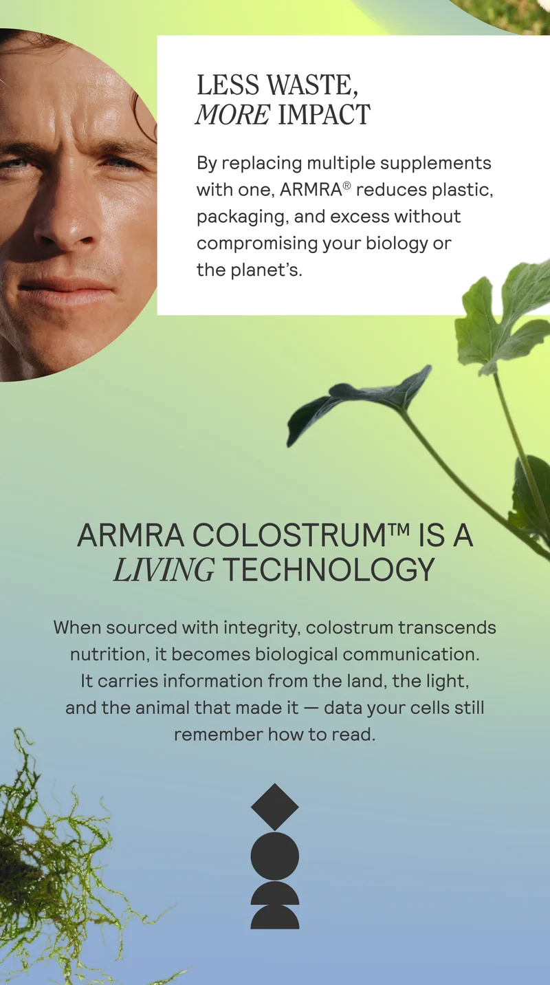 LESS WASTE, MORE IMPACT By replacing multiple supplements with one, ARMRA® reduces plastic, packaging, and excess without compromising your biology or the planet's.  e planet's PN y/