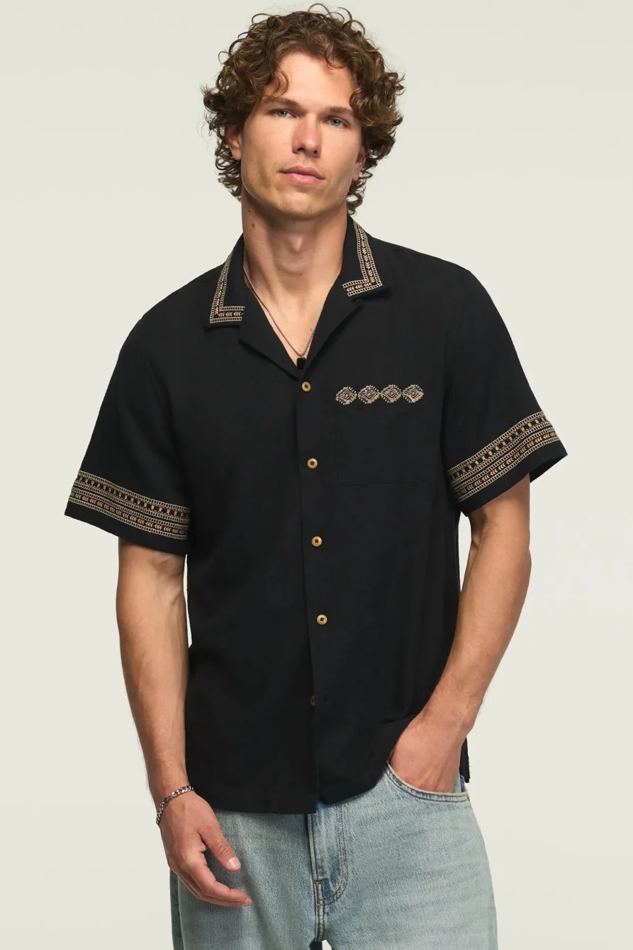 Image of Lucky Brand Short Sleeve Embroidered Camp Collar Shirt - Men's Clothing Outerwear Shirt Jackets in #001 Black
